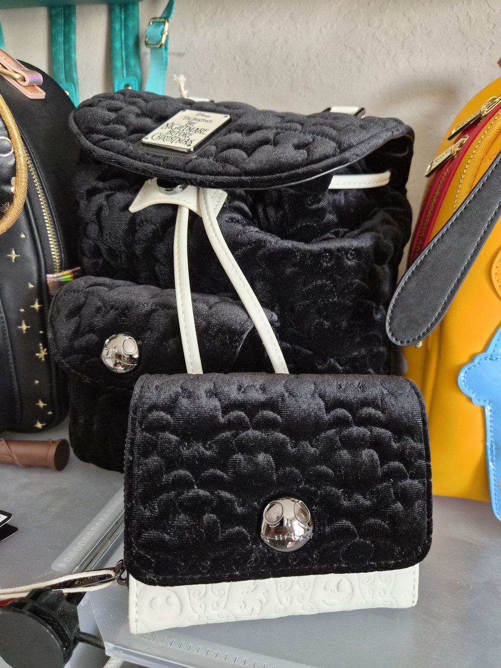 Loungefly NBC Black Quilted Velvet Backpack and Wallet Set with White Trim